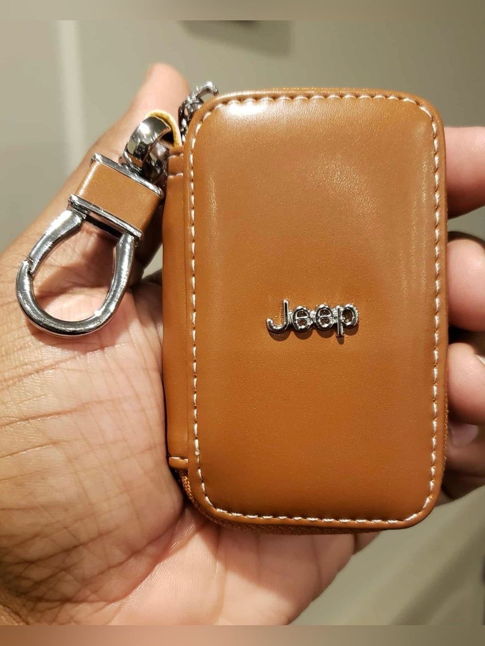 JEEP Tan Leather & Chrome Key & Key Fob Zipper Pouch W/ Chrome Clip